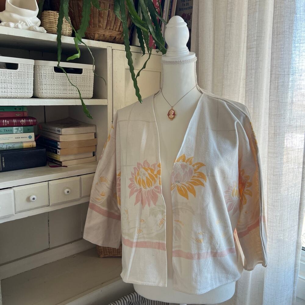 Vintage antique linen table cloth upcycled lightweight blazer cardigan small